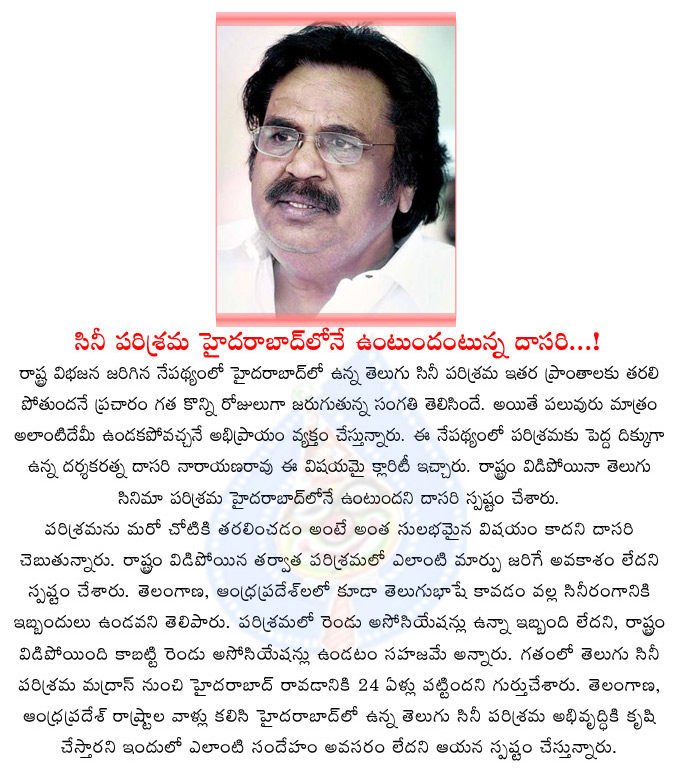 dasari narayana rao,tollywood industry,telangana,hyderabad,vishaka patnam,tollywood film industry did not go,dasari narayana rao about tollywood film industry  dasari narayana rao, tollywood industry, telangana, hyderabad, vishaka patnam, tollywood film industry did not go, dasari narayana rao about tollywood film industry